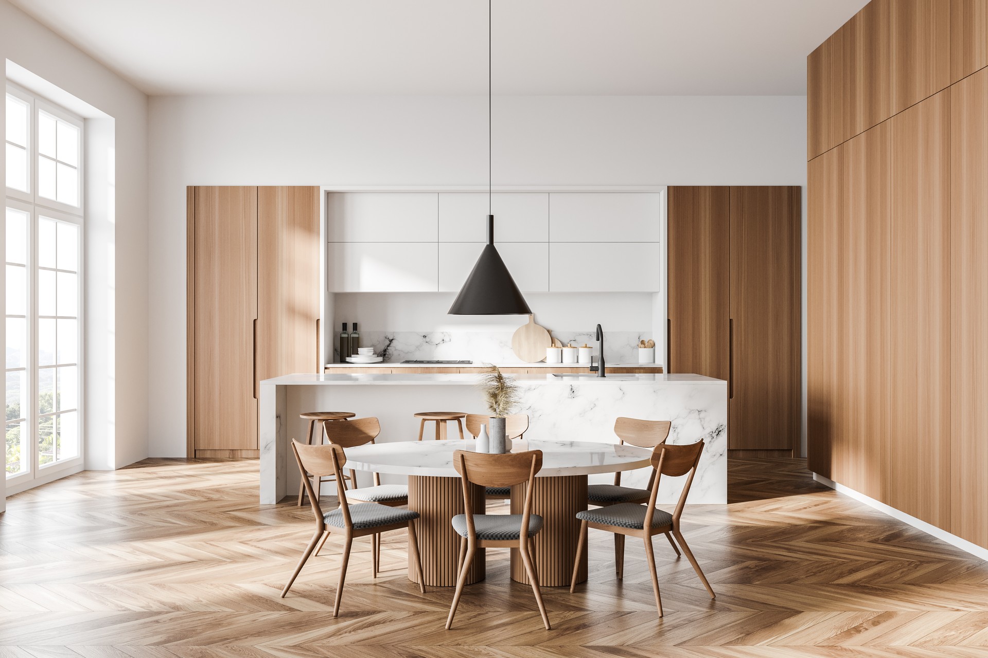 White and wooden kitchen with table